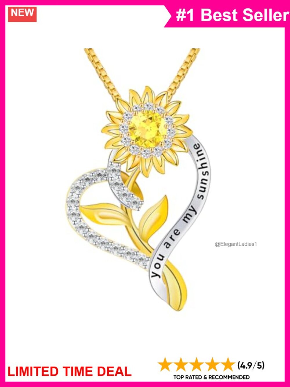 18K Gold Plated S925 Silver Sunflower Necklace 6mm CZ Heart Pendant
